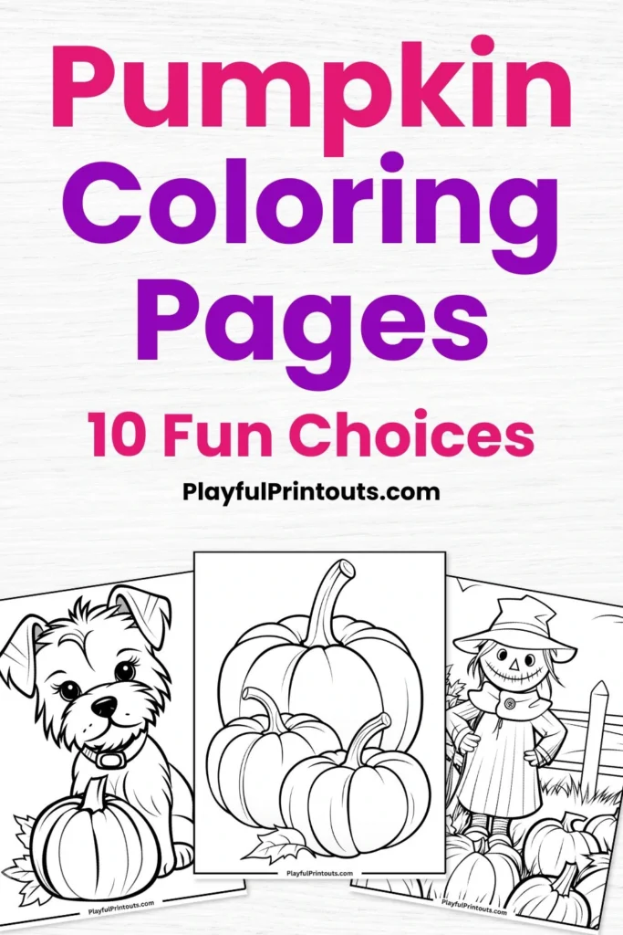 A verticle image feature a collage of 3 pumpkin coloring sheets. 