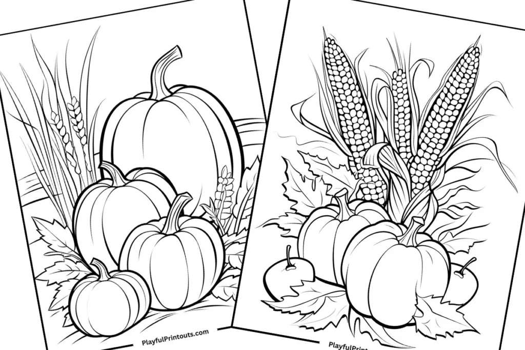 Coloring pages with pumpkins, corn, and leaves.