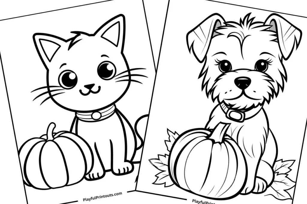 Coloring sheets with a happy cat and a dog standing nexxt to a pumpkin. 