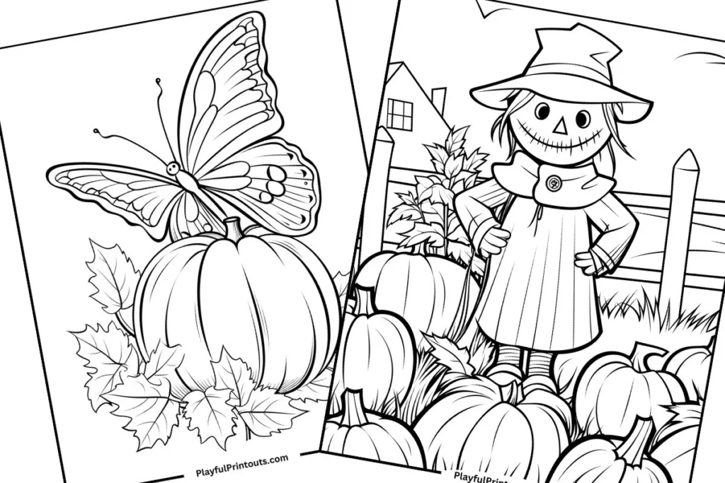 A scarecrow and pumpkins coloring sheet next to a butterfly and pumpkin coloring sheet. 