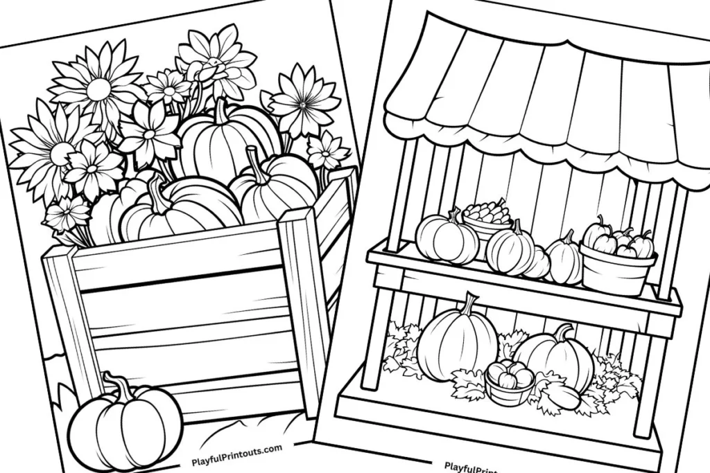 A full farm stand and a crate full of pumkins coloring pages. 