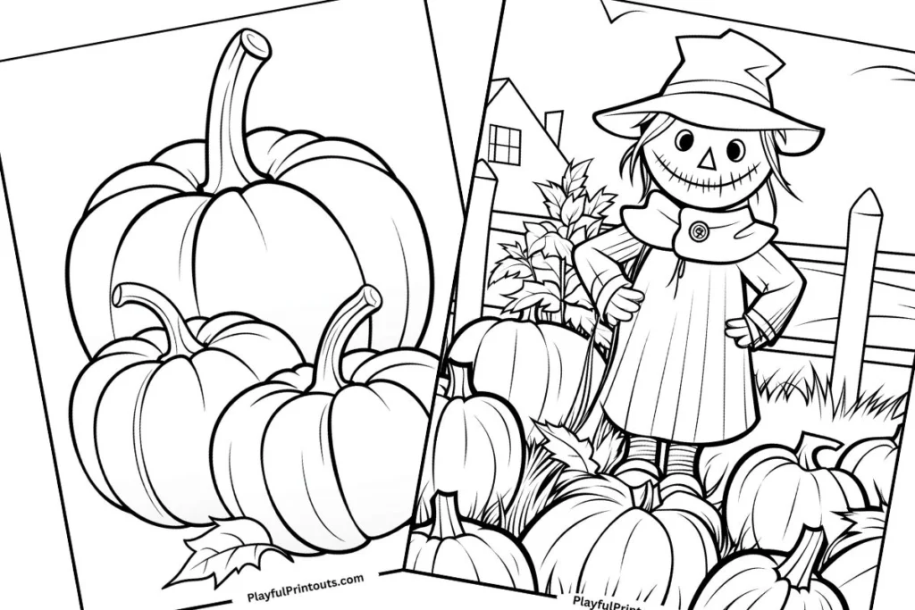 2 pumkping coloring pages for kids, 1 with 3 plain pumpkins and 1 with a scarecrow in a pumpkin field. 