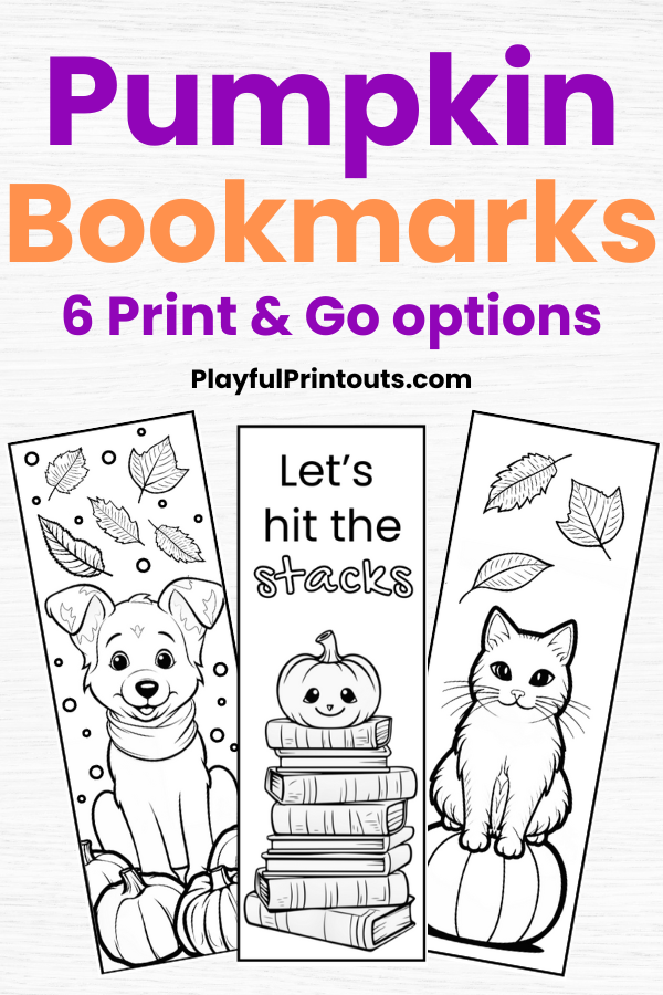 A portrait style image with bright orange and purple lettering and 3 bookmark samples. 