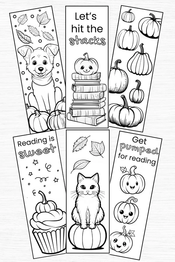 6 different printable pumpkin bookmarks layed out in a 3x2 grid.