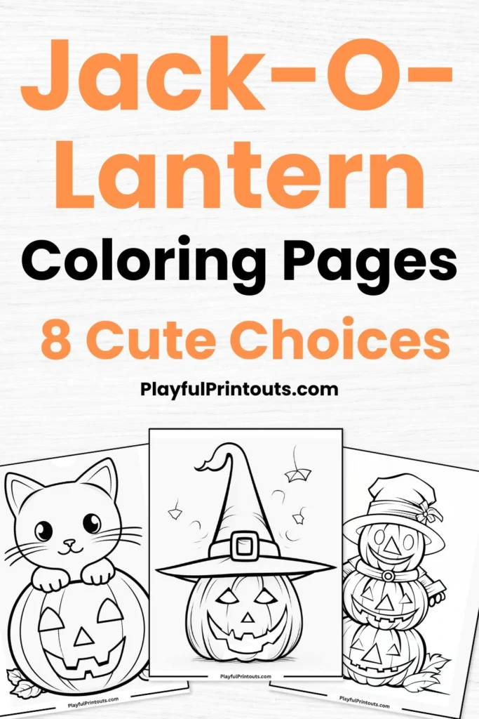 A verticle collage image of 3 jack-o-lantern coloring sheets. 