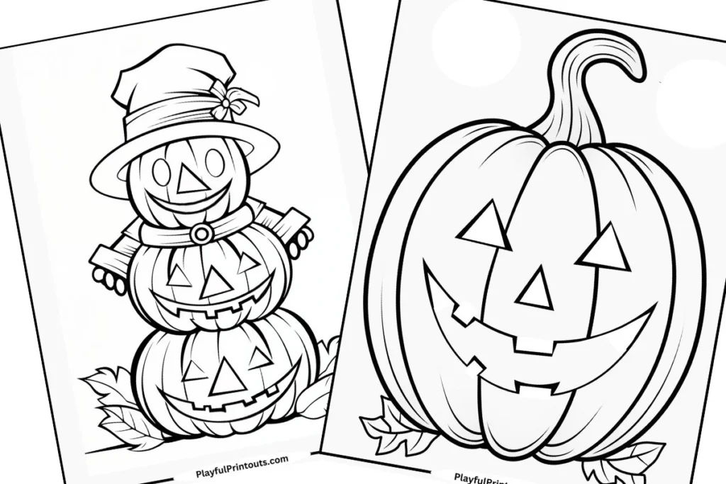 2 jack-o-lantern coloring pages for kids in a collage. 