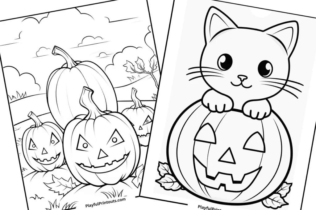 2 colring pages featuring jack o lantern pumpkins.