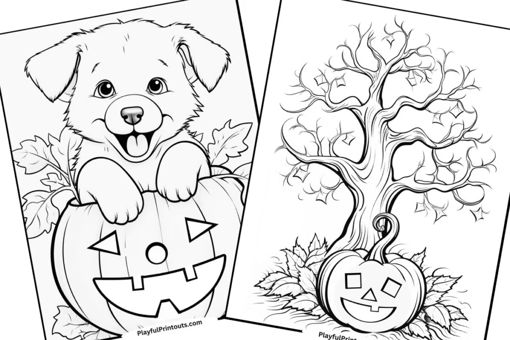 A puppy inside a jack-o-lantern and one sitting underneath a tree. 