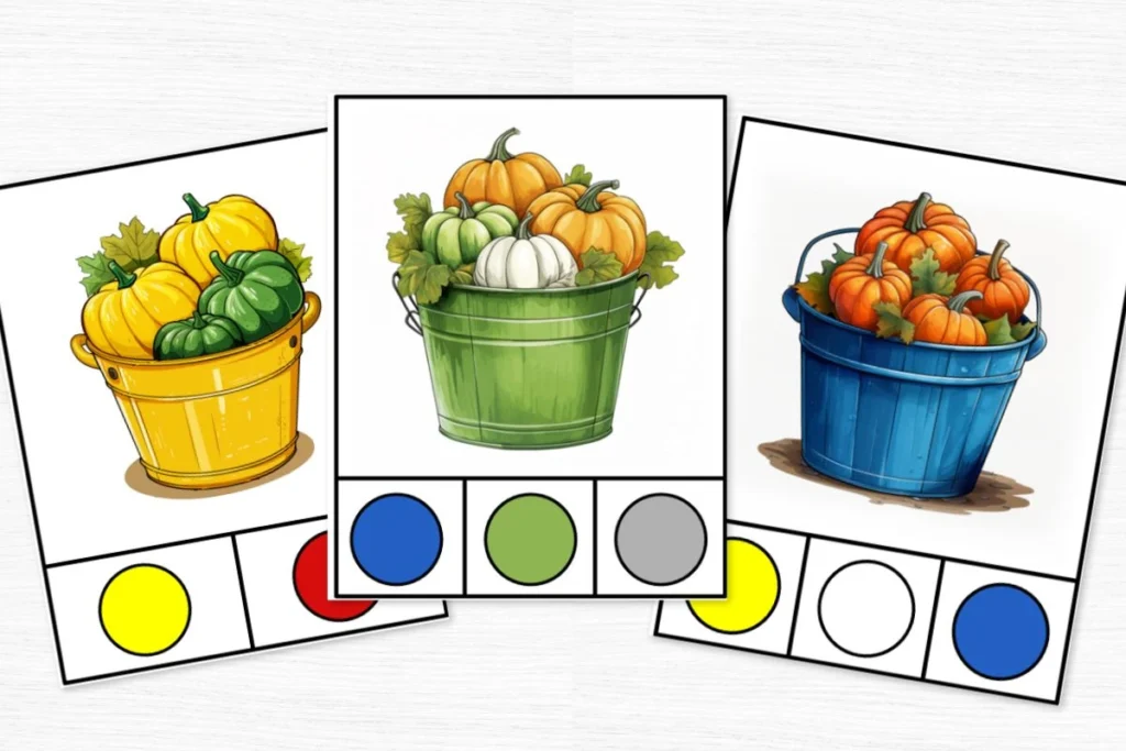 yellow, green, and blue pumpkin theme color clip cards with colored buckets and orange pumpkins. 