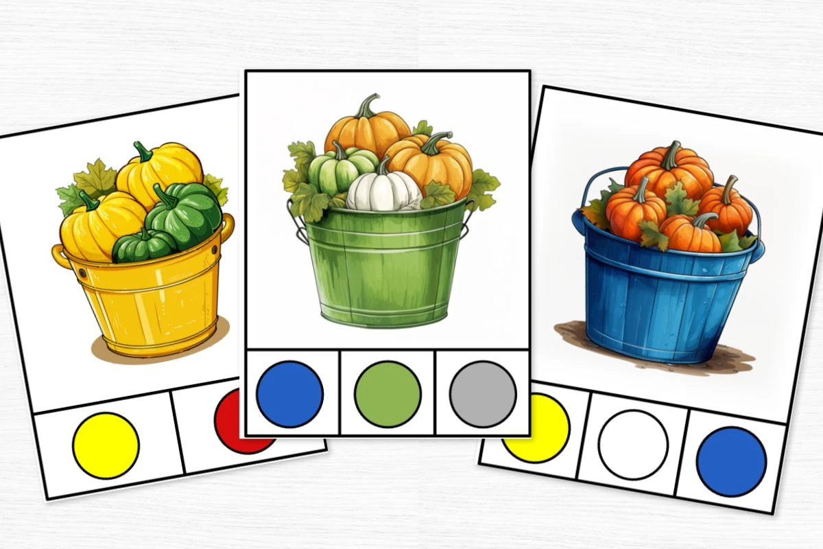 yellow, green, and blue pumpkin theme color clip cards with colored buckets and orange pumpkins.