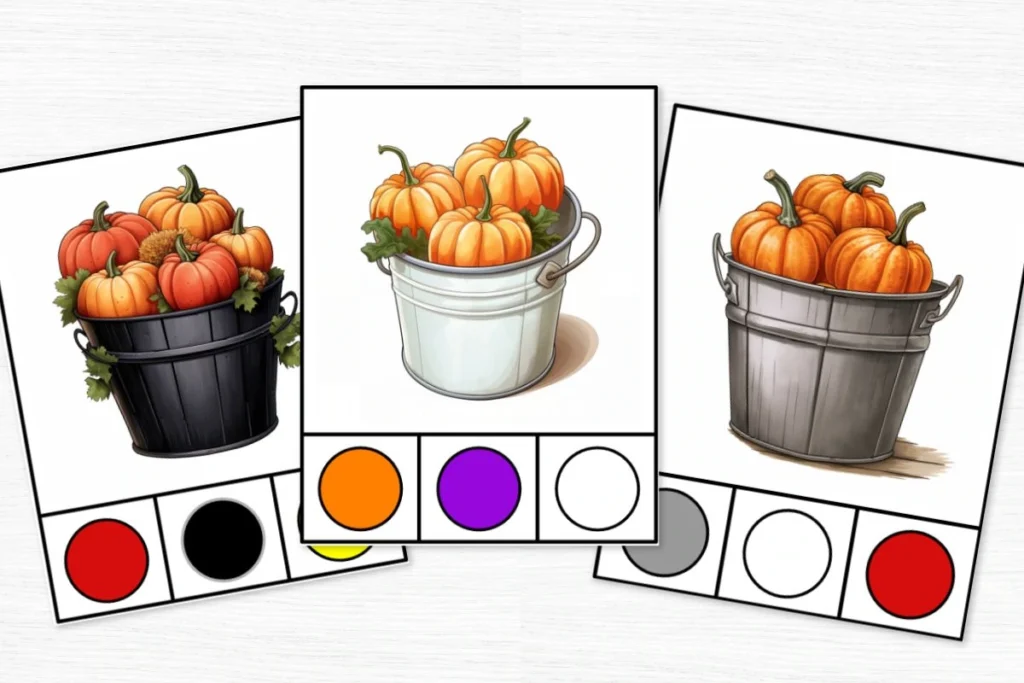 black, white, and gray buckets all filled with pumpkins. 