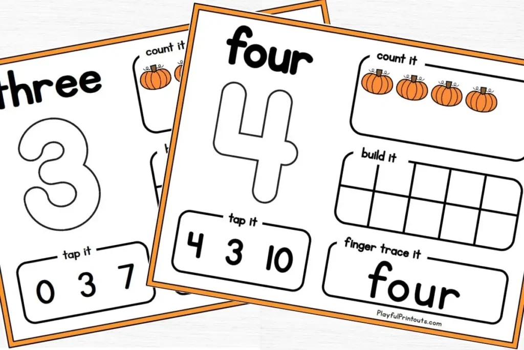 Printable pumpkin number mats for the number 3 and 4. 